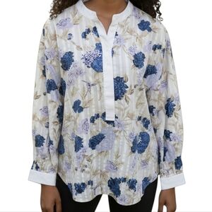Tory Burch Peony Floral Blouse Split Neck Mandarin Collar Designer Top Sz M